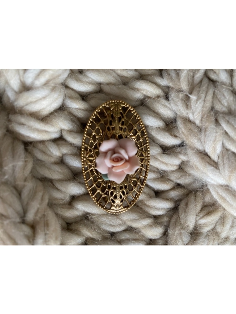 1928 Gold Filigree Oval Brooch with Soft Pink Rose